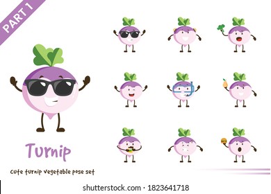 Vector cartoon illustration of cute turnip vegetable poses set. Isolated on white background.