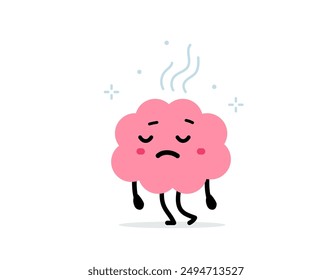 Vector cartoon illustration of cute unhappy overwork brain character on white color background. Flat doodle style design of burnout and tired brain need rest for web, site, banner, poster, card