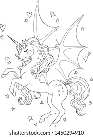 Vector cartoon illustration of cute unicorn with flying bat wings. Isolated outline for coloring book