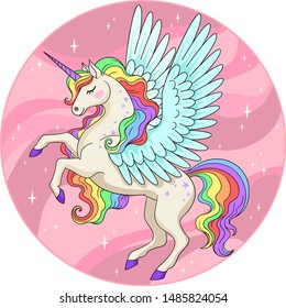 Vector cartoon illustration of cute unicorn with bird wings and rainbow mane in pink circle