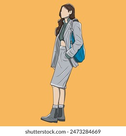 Vector cartoon illustration of a cute woman in semi-formal style carrying a bag