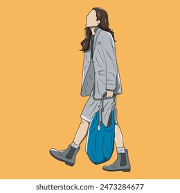 Vector cartoon illustration of a cute woman in semi-formal style carrying a bag