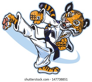 Vector cartoon illustration of a cute young tiger cub martial artist executing a spinning back kick.