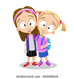 Vector cartoon illustration of cute young school students isolated on white background