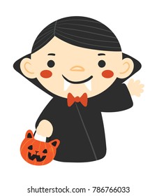 Vector cartoon illustration of cute young boy dressed with a Dracula costume for Halloween with fangs smiling and isolated against white background
