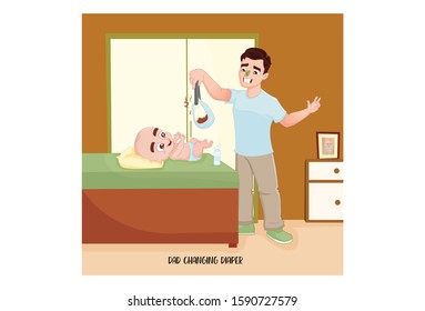 Vector cartoon illustration. Dad is changing baby diaper. Isolated on white background.