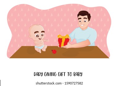Vector cartoon illustration of dad giving gift to baby. Isolated on white background.