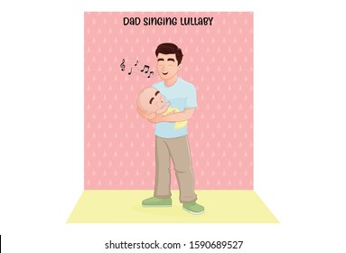 Vector cartoon illustration. Dad holding baby and singing lullaby. Isolated on white background.