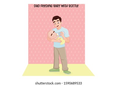 Vector Cartoon Illustration. Dad Holding Baby And Dad Feeding Baby With Bottle. Isolated On White Background.