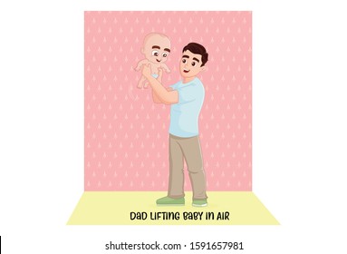 Vector Cartoon Illustration. Dad Holding Baby And Dad Lifting Baby In Air. Isolated On White Background.