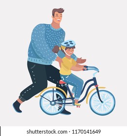 Vector cartoon illustration of dad teaching daughter to ride bike for the first time. Man helping girl kid riding bicycle. Parenting, fatherhood