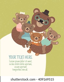 Vector  cartoon Illustration of a dad-bear who holds a teddy bears in a cute clothes. Template card for family celebration. Pattern for children's posters, or for  kindergarten ads. Happy Father's Day