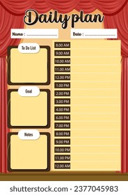 A vector cartoon illustration of a daily plan and schedule divided by hour