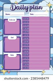 A vector cartoon illustration of a daily plan divided by hour, featuring a to-do list