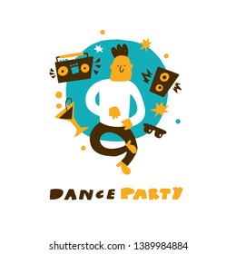 Vector cartoon illustration of dancing men. Dance party vector poster.