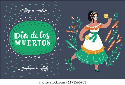 Vector cartoon illustration of dancing woman with cavalera face skull. Day of the dead, dia de muertos card. Hand drawn lettering.