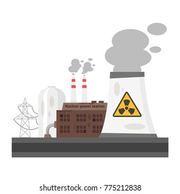 Vector cartoon illustration of dangerous for the nature old nuclear power plant. Environmental pollution concept.

