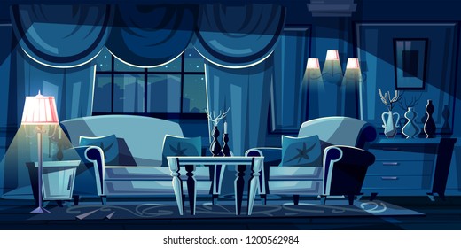 Vector cartoon illustration of dark living room at night. Modern interior with sofa, armchair and decorations. Nightstand with torchiere lamp, window with curtains in moonlight. Concept background.