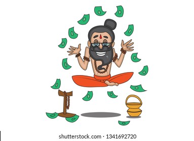 Vector cartoon illustration of data baba sitting in air and money flying in air. Isolated on white background.