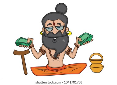 Vector cartoon illustration of data baba sitting, holding money in hand. Isolated on white background.