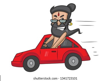 Vector cartoon illustration of data baba  driving car. Isolated on white background.