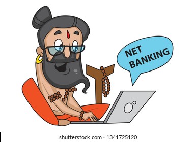 Vector cartoon illustration of data baba  doing net banking. Isolated on white background.