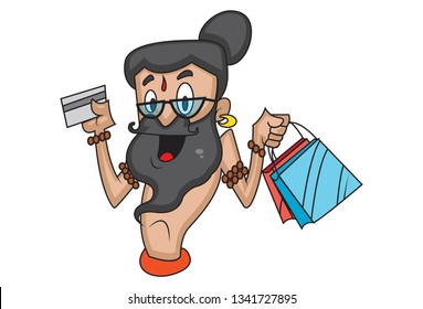 Vector cartoon illustration of data baba with shopping bags. Isolated on white background.