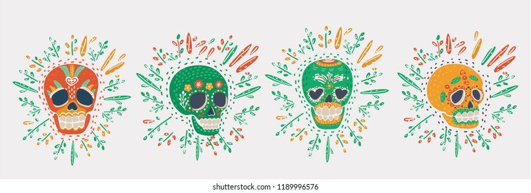 Vector cartoon illustration of Day Of The Dead Skull on white background. Colorful collection of funny objects floral decorated.