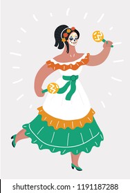 Vector cartoon illustration of day of dead traditional Mexican Halloween woman wearing traditional clothes skeleton mask dia de los muertos holiday party female cartoon character dance with maracas.