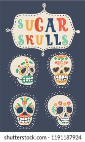 Vector cartoon illustration of Day of The Dead colorful sugar skull. Set on dark background. Dia de los muertos
