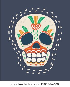 Vector cartoon illustration of Day of The Dead colorful Skull with floral ornament. Mexican sugar skull.