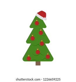 Vector cartoon illustration of a decorated Christmas tree in a Santa hat on a white isolated background. Template for postcard, poster, web design.