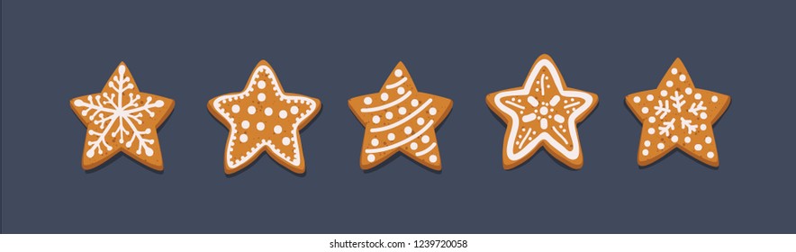 Vector cartoon illustration of Decorated homemade gingerbread cookies in stars shape. Crhistrmas rating concept on dark backround.