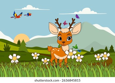 Vector cartoon illustration of deer. Deer enjoying. Beautiful scene.