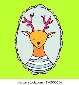 Vector cartoon illustration with deer portrait in frame