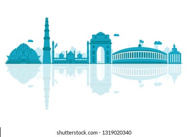 Vector cartoon illustration of Delhi Skyline. Isolated on white background.