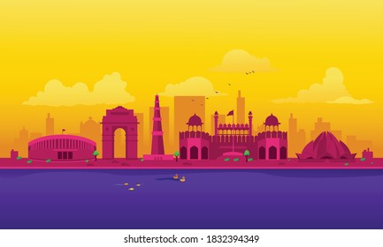 Vector cartoon illustration of the Delhi skyline. Isolated on a colored background.