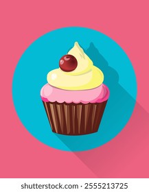 Vector cartoon illustration of a delicious, mouth-watering cupcake. The cupcake is decorated with delicious cream and cherry on top.