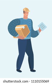 Vector cartoon illustration of delivery man, guy with cardboard box. Postman in cap isolated on white background. Courier in cap with package, parcel. Postal, mail service.