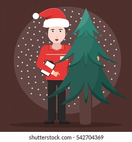 Vector cartoon illustration of delivery man with fir. Concept of Merry Christmas and fast service