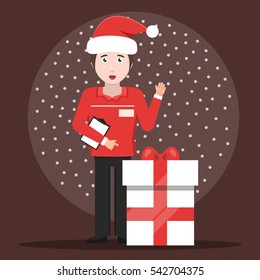 Vector cartoon illustration of delivery man with gift. Concept of Merry Christmas and fast service