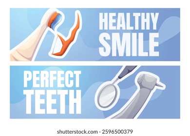 Vector cartoon illustration of a dental care banner templates with oral hygiene tools, dental mirror, turbine handpiece, and floss pick. Concept of healthy smile and perfect teeth.
