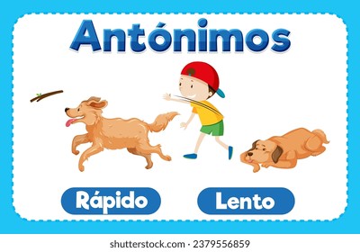 A vector cartoon illustration depicting the antonyms 'Rapido' and 'Lento' in Spanish, meaning 'Fast' and 'Slow'