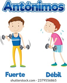 A vector cartoon illustration depicting the antonyms 'Fuerte' and 'Debil' in Spanish, meaning 'Strong' and 'Weak'