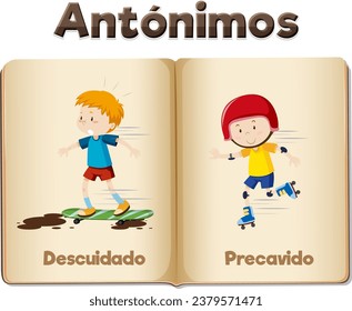 A vector cartoon illustration depicting the antonyms 'Descuidado' and 'Precavido' in Spanish, meaning 'Careless' and 'Careful'