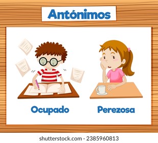 A vector cartoon illustration depicting the antonyms 'Ocupado' and 'Perezosa' in Spanish language education Busy and Lazy