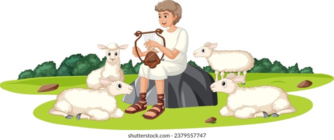 A vector cartoon illustration depicting the biblical story of David as a shepherd