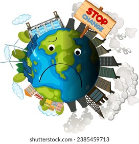 A vector cartoon illustration depicting the contrast between beautiful weather and harmful pollution caused by climate change