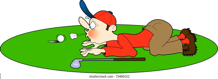 vector cartoon illustration depicting a golfer attempting to cheat by blowing his golf ball into the hole