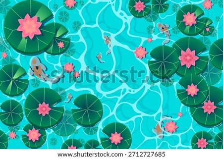 Vector cartoon illustration depicting a landscape of blue lake or river water surface with lotus leaves, lotus flowers, and carp. Top view.